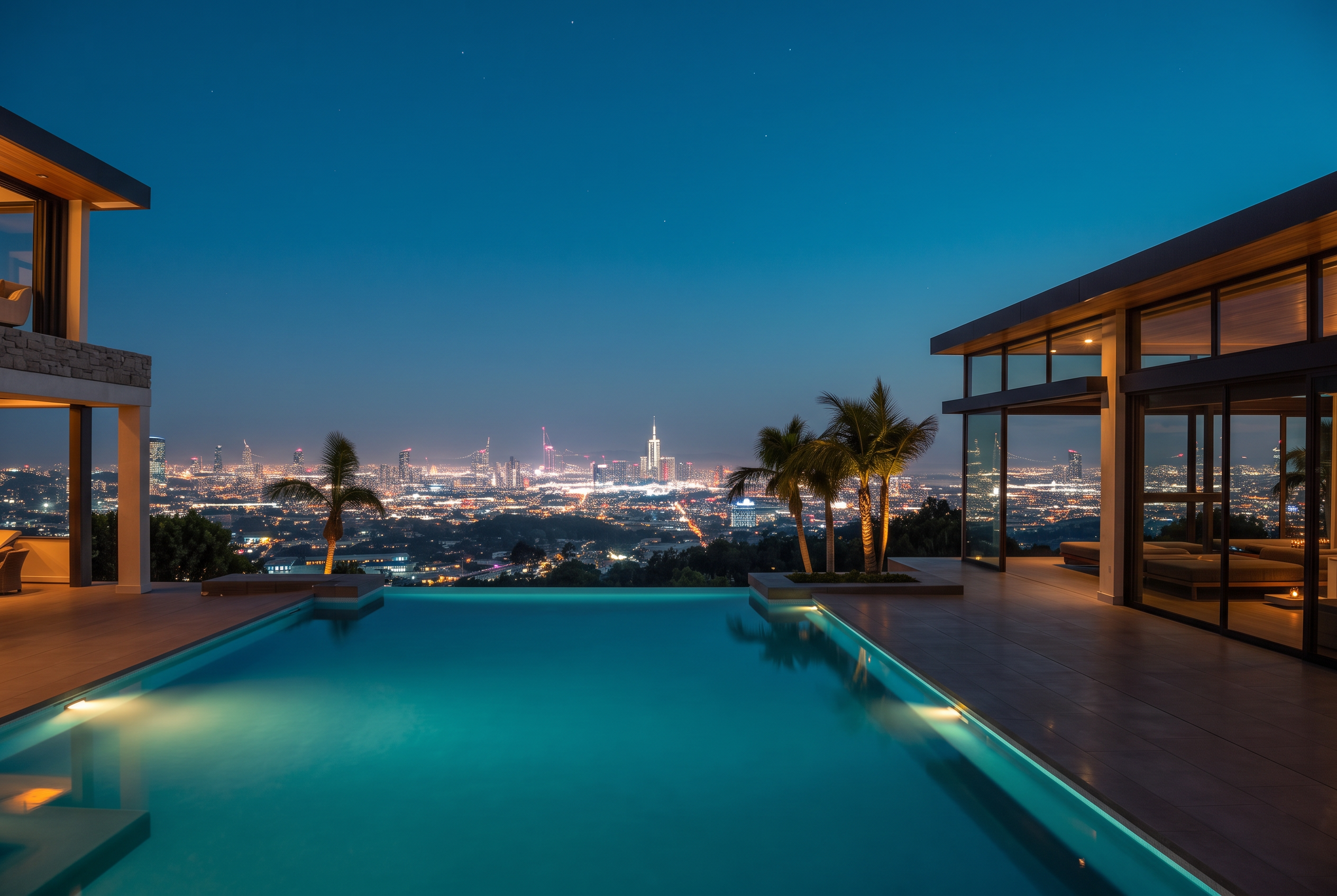 Luxury Los Angeles estate at night with illuminated infinity pool and city skyline